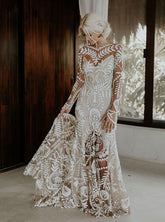 Modest Boho Wedding Dresses Champagne Lace With Long Sleeve V Back - MyChicDress